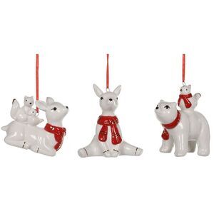Whimsical Red and White Deer Bear and Squirrels Holiday Ornaments Set of 3